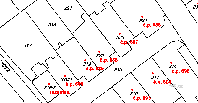 Dolní Bojanovice 688 na parcele st. 320 v KÚ Dolní Bojanovice, Katastrální mapa