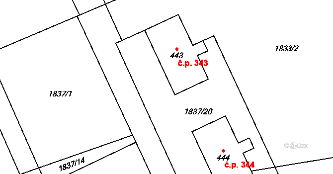 Leskovec nad Moravicí 343 na parcele st. 443 v KÚ Leskovec nad Moravicí, Katastrální mapa