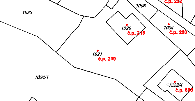 Fryčovice 219 na parcele st. 1021 v KÚ Fryčovice, Katastrální mapa