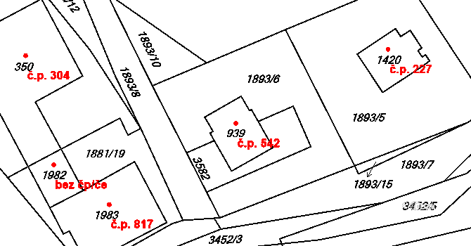 Kunčice pod Ondřejníkem 542 na parcele st. 939 v KÚ Kunčice pod Ondřejníkem, Katastrální mapa