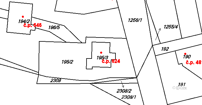 Tuchlovice 624 na parcele st. 195/3 v KÚ Tuchlovice, Katastrální mapa