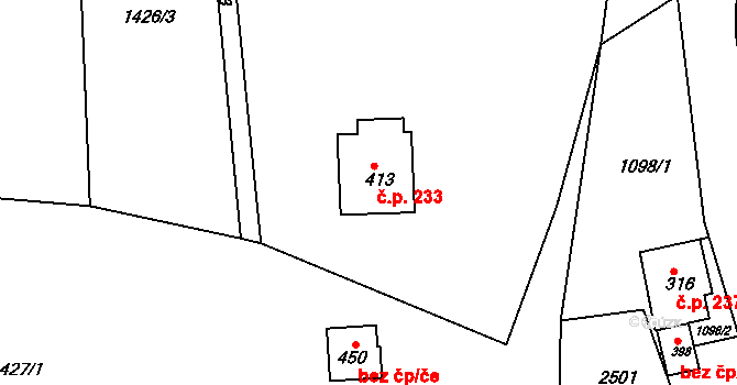 Telecí 233 na parcele st. 413 v KÚ Telecí, Katastrální mapa