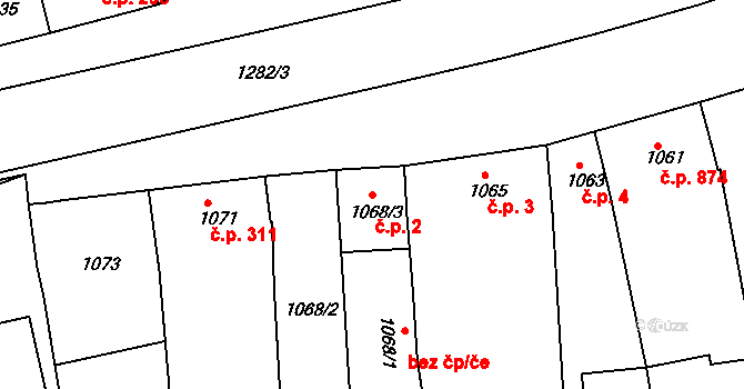 Hulín 2 na parcele st. 1068/3 v KÚ Hulín, Katastrální mapa
