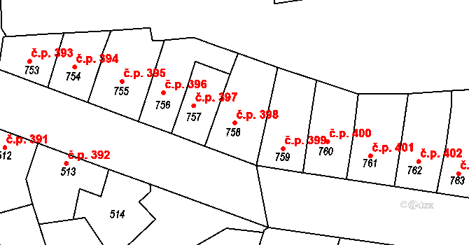 Roudnice nad Labem 398 na parcele st. 758 v KÚ Roudnice nad Labem, Katastrální mapa