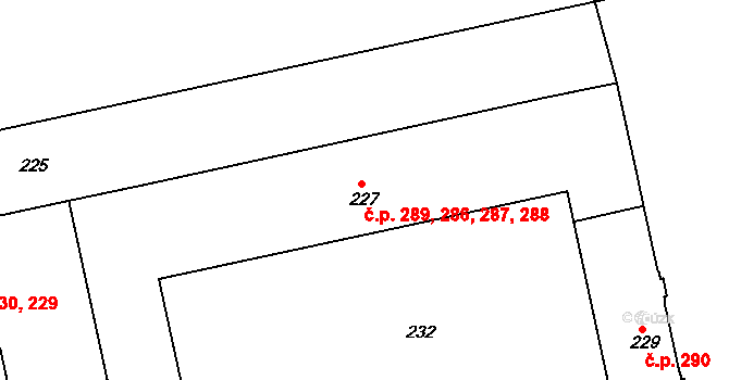 Terezín 286,287,288,289 na parcele st. 227 v KÚ Terezín, Katastrální mapa