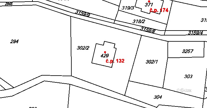 Čistá u Horek 132 na parcele st. 429 v KÚ Čistá u Horek, Katastrální mapa