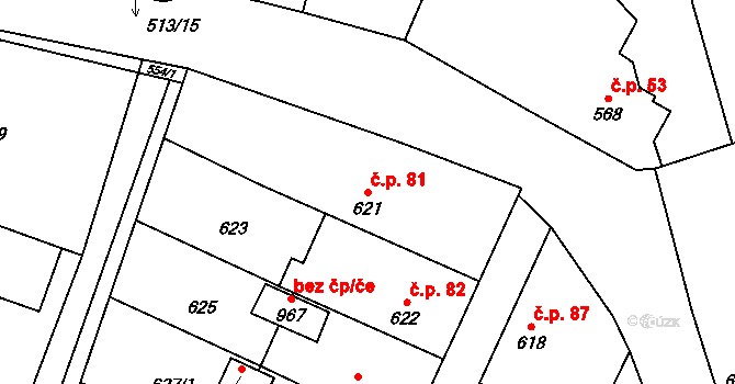 Semice 81 na parcele st. 621 v KÚ Semice nad Labem, Katastrální mapa