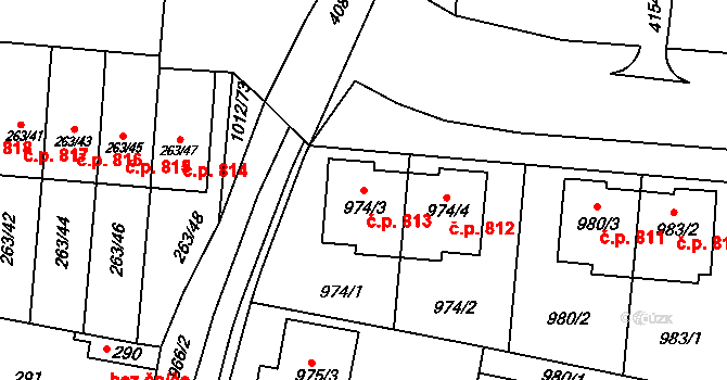 Komín 813, Brno na parcele st. 974/3 v KÚ Komín, Katastrální mapa