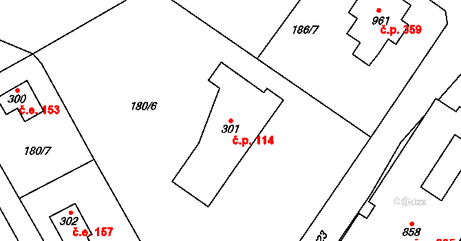 Jevany 114 na parcele st. 301 v KÚ Jevany, Katastrální mapa