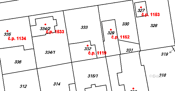 Dubeč 1119, Praha na parcele st. 332 v KÚ Dubeč, Katastrální mapa