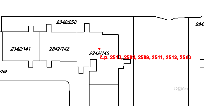 Stodůlky 2508,2509,2510,2511,, Praha na parcele st. 2342/143 v KÚ Stodůlky, Katastrální mapa