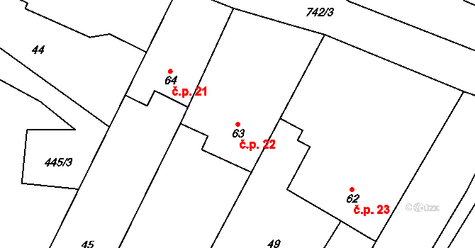 Líšnice 22 na parcele st. 63 v KÚ Líšnice u Mohelnice, Katastrální mapa