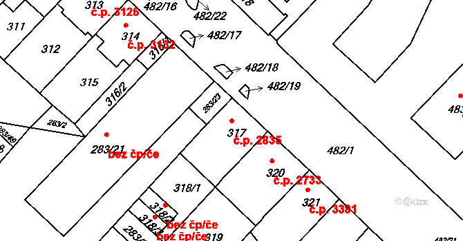 Chomutov 2835 na parcele st. 317 v KÚ Chomutov II, Katastrální mapa