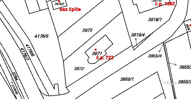 Jirkov 722 na parcele st. 3971 v KÚ Jirkov, Katastrální mapa