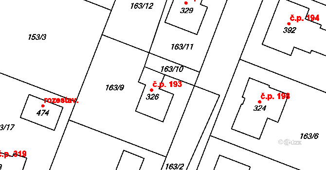 Březno 193 na parcele st. 326 v KÚ Březno u Mladé Boleslavi, Katastrální mapa
