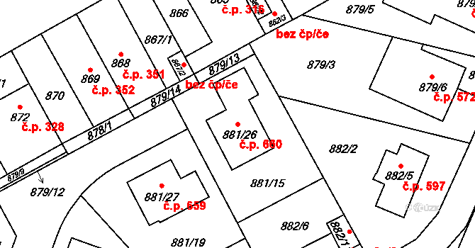 Zbýšov 660 na parcele st. 881/26 v KÚ Zbýšov u Oslavan, Katastrální mapa