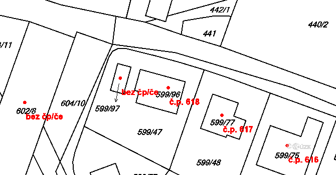 Srubec 618 na parcele st. 599/96 v KÚ Srubec, Katastrální mapa