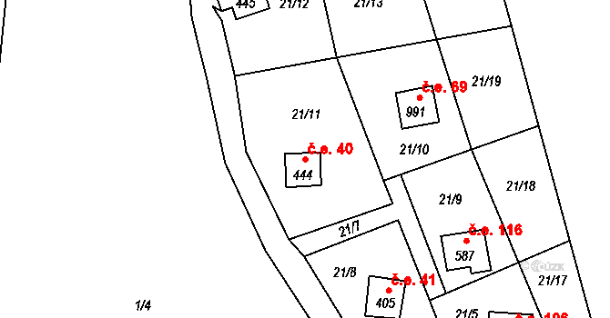 Březí 40, Kamenný Újezd na parcele st. 444 v KÚ Kamenný Újezd, Katastrální mapa