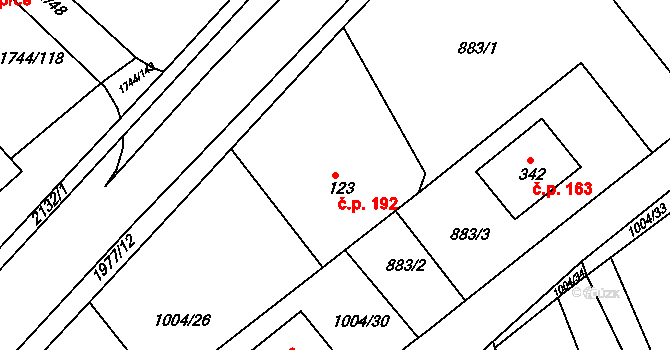 Hrádek na Vlárské dráze 192, Slavičín na parcele st. 123 v KÚ Hrádek na Vlárské dráze, Katastrální mapa
