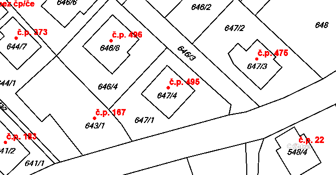 Kozmice 495 na parcele st. 647/4 v KÚ Kozmice, Katastrální mapa