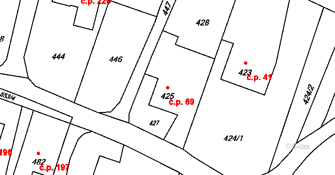 Těškovice 69 na parcele st. 425 v KÚ Těškovice, Katastrální mapa