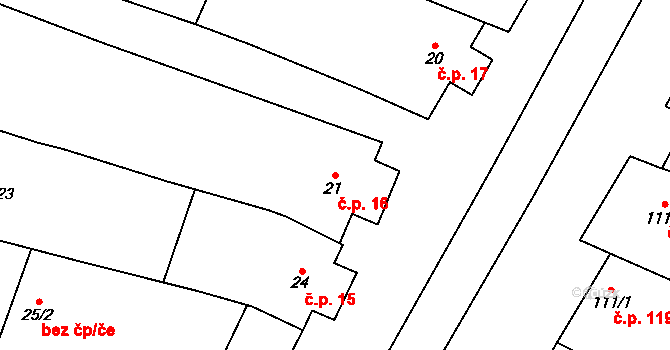 Tučapy 16 na parcele st. 21 v KÚ Tučapy u Vyškova, Katastrální mapa