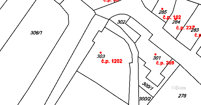 Rousínov 1202 na parcele st. 303 v KÚ Rousínov u Vyškova, Katastrální mapa
