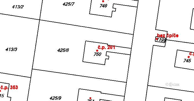 Ohrobec 201 na parcele st. 750 v KÚ Ohrobec, Katastrální mapa