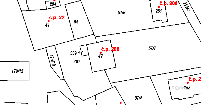 Podolanka 208 na parcele st. 42 v KÚ Podolanka, Katastrální mapa