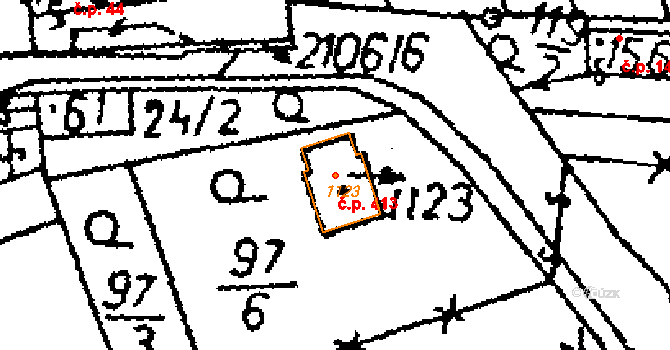 Vráž 413 na parcele st. 1123 v KÚ Vráž u Berouna, Katastrální mapa