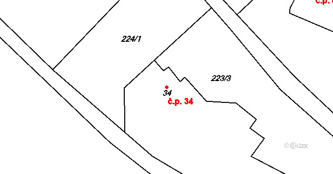 Bohdašín 34, Červený Kostelec na parcele st. 34 v KÚ Bohdašín nad Olešnicí, Katastrální mapa