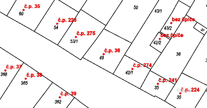 Perná 36 na parcele st. 49 v KÚ Perná, Katastrální mapa