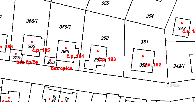 Černé Budy 183, Sázava na parcele st. 357 v KÚ Černé Budy, Katastrální mapa