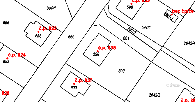 Zruč nad Sázavou 835 na parcele st. 598 v KÚ Zruč nad Sázavou, Katastrální mapa
