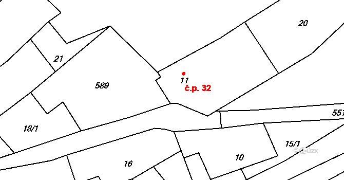 Poutnov 32, Teplá na parcele st. 11 v KÚ Poutnov, Katastrální mapa