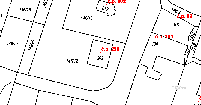 Střelské Hoštice 228 na parcele st. 392 v KÚ Střelské Hoštice, Katastrální mapa