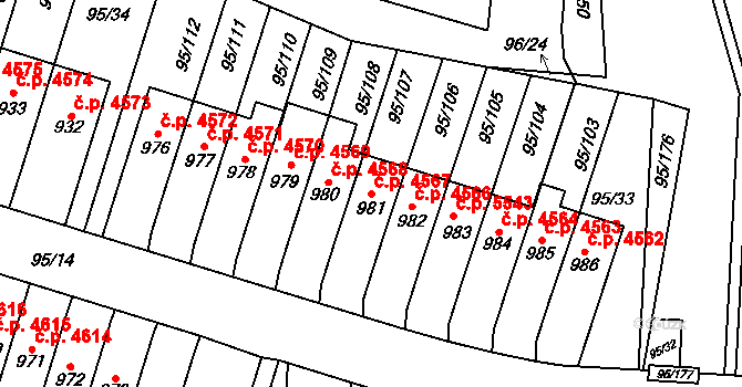 Jihlava 4567 na parcele st. 981 v KÚ Bedřichov u Jihlavy, Katastrální mapa