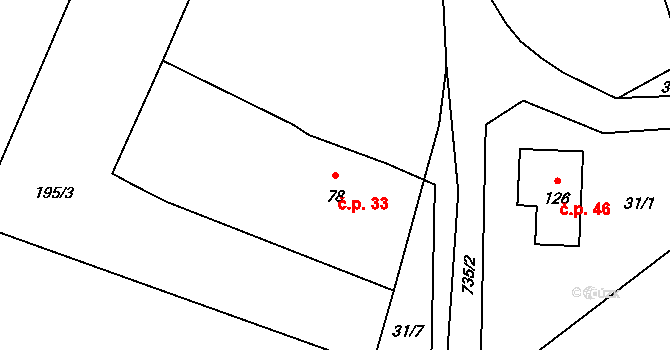 Křížkový Újezdec 33 na parcele st. 78 v KÚ Křížkový Újezdec, Katastrální mapa