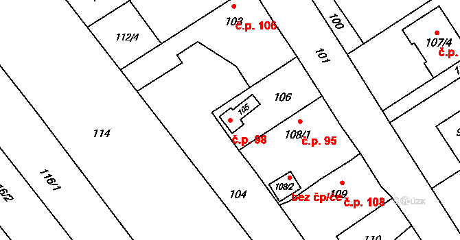 Žerotín 98 na parcele st. 105 v KÚ Žerotín, Katastrální mapa
