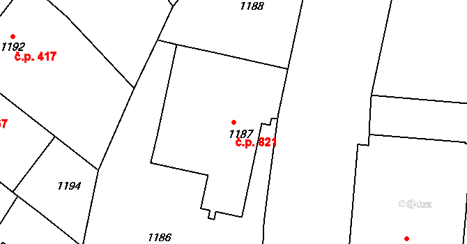 Klíše 821, Ústí nad Labem na parcele st. 1187 v KÚ Klíše, Katastrální mapa