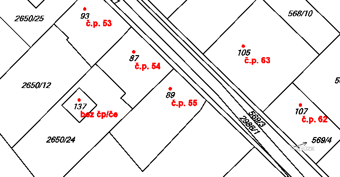 Zvěrkovice 55 na parcele st. 89 v KÚ Zvěrkovice u Moravských Budějovic, Katastrální mapa