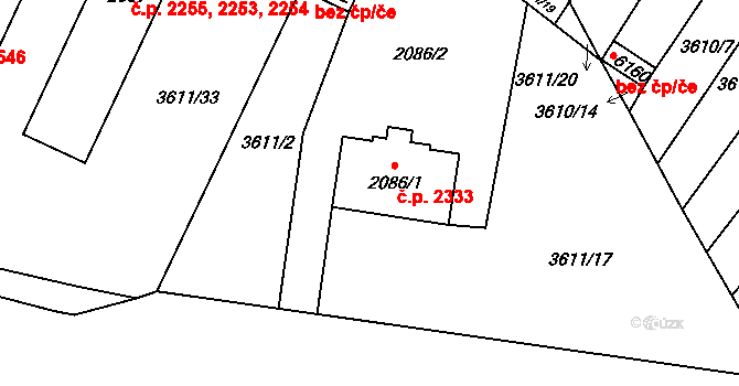 Břeclav 2333 na parcele st. 2086/1 v KÚ Břeclav, Katastrální mapa