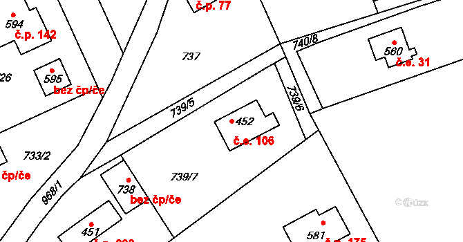 Tehovec 106 na parcele st. 452 v KÚ Tehovec, Katastrální mapa