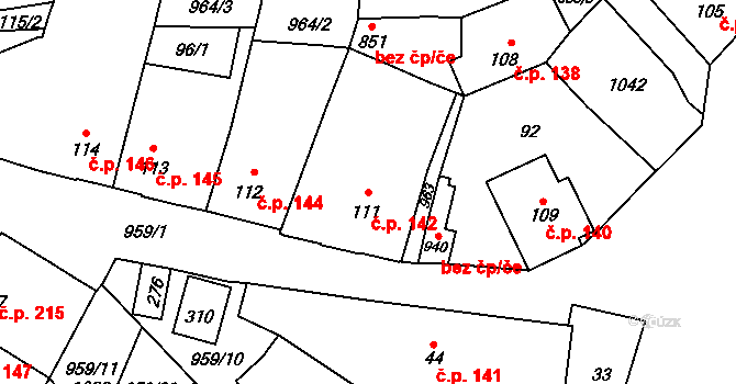 Borohrádek 142 na parcele st. 111 v KÚ Borohrádek, Katastrální mapa