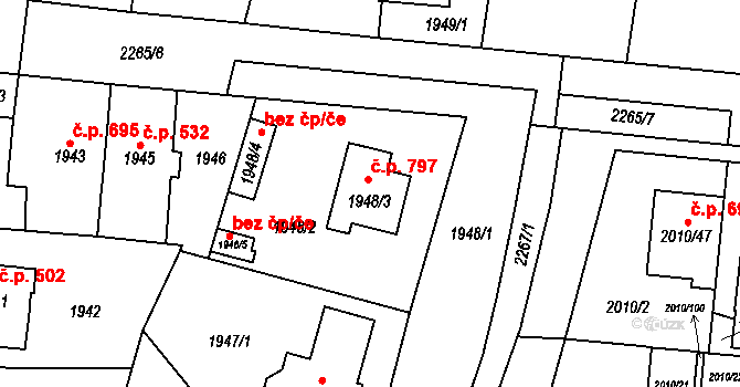 Stodůlky 797, Praha na parcele st. 1948/3 v KÚ Stodůlky, Katastrální mapa
