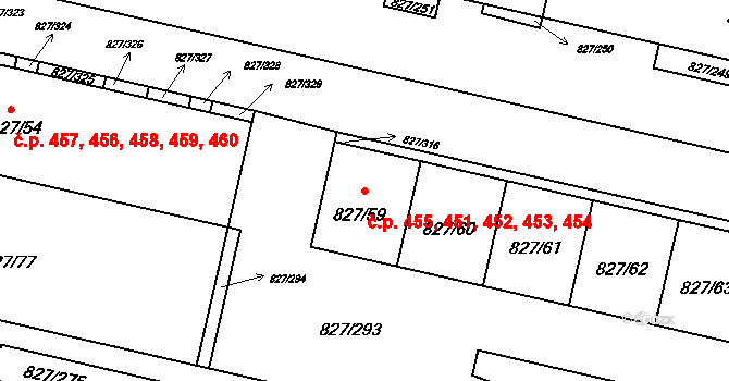 Bohnice 451,452,453,454,455, Praha na parcele st. 827/59 v KÚ Bohnice, Katastrální mapa