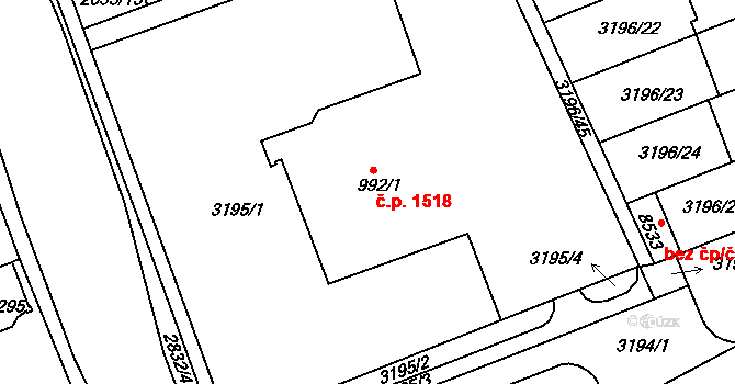 Hodonín 1518 na parcele st. 992/1 v KÚ Hodonín, Katastrální mapa