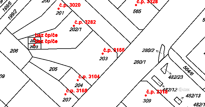 Chomutov 3155 na parcele st. 203 v KÚ Chomutov II, Katastrální mapa