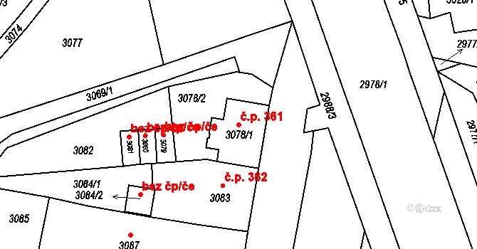 Jirkov 361 na parcele st. 3078/1 v KÚ Jirkov, Katastrální mapa