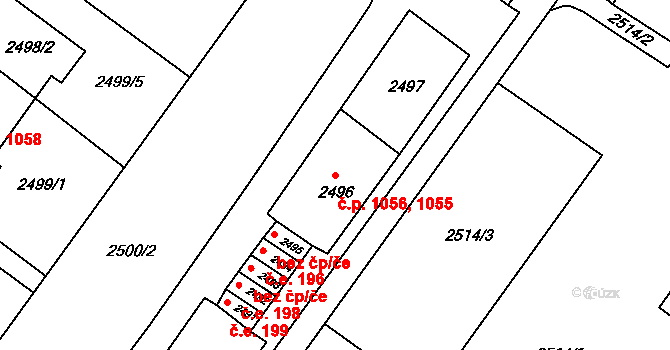 Jirkov 1055,1056 na parcele st. 2496 v KÚ Jirkov, Katastrální mapa